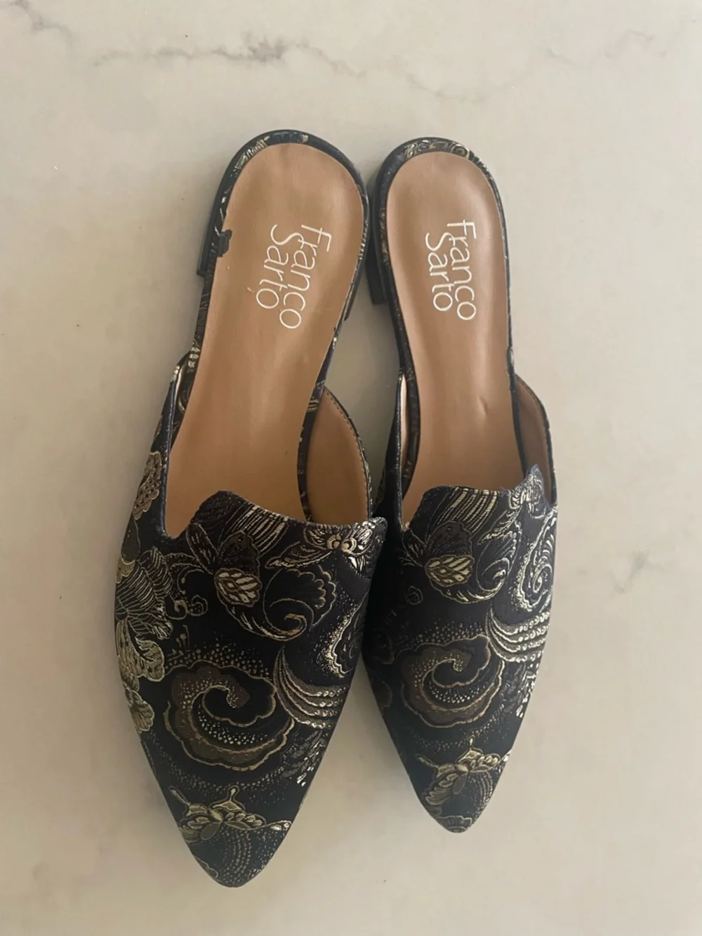 Franco Sarto Black and Gold Paisley Embroidered Slip-On Mules - Picture 2 of 5